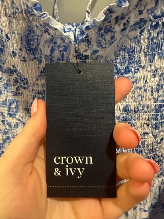 NWT Crown & Ivy Square Neck Blue and White Floral Tie Back Midi Dress Size 3X - Picture 5 of 5